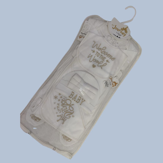 10-Piece Newborn Starter Set – White with "Welcome to the World" Design (0–3 Months)